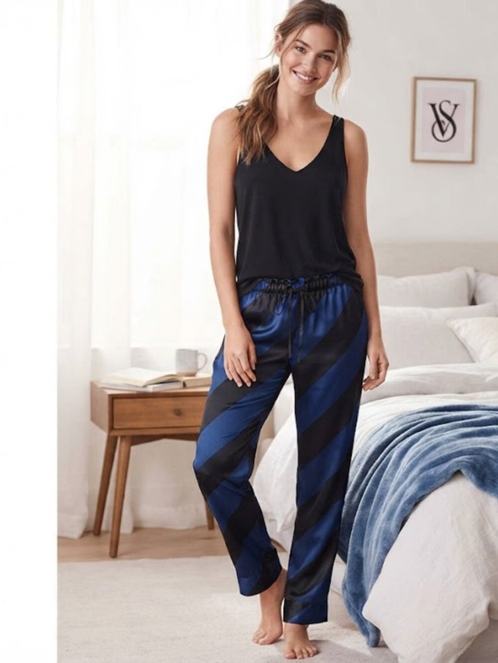 VS Satin Sleep Pants Blue/Black Stripe Small